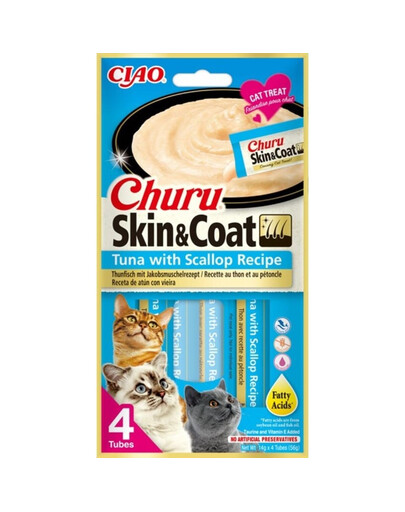 INABA Churu Skin&Coat 4x14g su tunu ir šukutėmis katėms