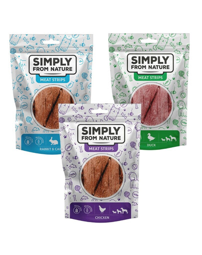 SIMPLY FROM NATURE Meat Strips Mėsos juostelės Mišrių skonių vištiena, antis, triušiena 3x80 g