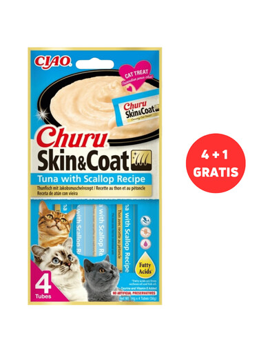 INABA Churu Skin&Coat 4 x 4x14g su tunu ir šukutėmis jūsų katei + 1 papildoma nemokamai