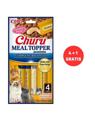 INABA Meal Topper Chicken Cheese 4 x 4x14 g kreminis vištienos ir sūrio priedas katėms + 1 priedas nemokamai