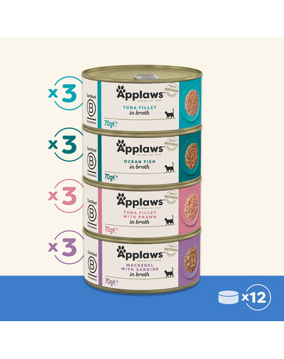 APPLAWS Cat Tin Multipack 12 x 70g Fish Collection kačių šlapias maistas su žuvimi
