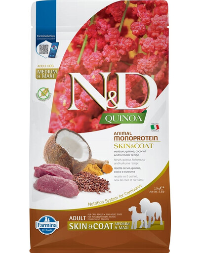 FARMINA N&D Quinoa Dog Adult Medium Maxi Skin and Coat Venison Coconut 2,5 kg vidutinėms ir didelėms veislėms