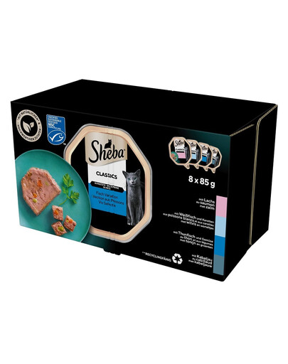 SHEBA Classics Žuvies skonio 8x85 g terine su lašiša, balta žuvimi ir morkomis, tunu ir daržovėmis, menke