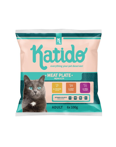 KATIDO Meat Plate vištienos, veršienos, jautienos paketėliai padaže 3x6 vnt. už 2x6 vnt. kainą.