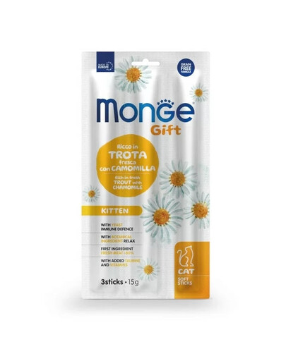 MONGE Gift Soft Sticks Kitten Upėtakis su ramunėlėmis 15 g