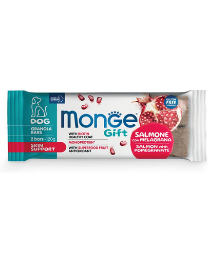MONGE Gift Granola Bars Dog Adult Lašiša su granatais 120 g