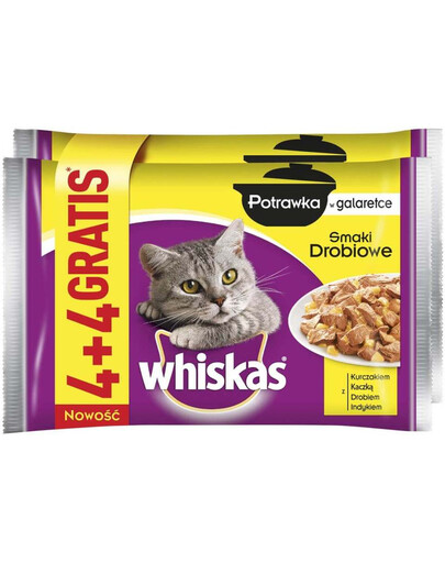 WHISKAS Pokrm v želé (1+ let) s příchutí drůbežího masa 85g 4+4 ZDARMA