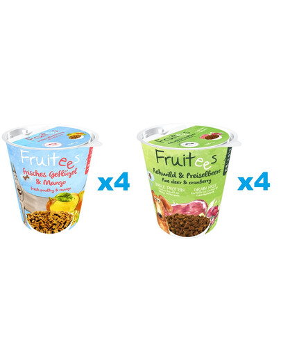 BOSCH Fruitees Paukštienos ir mangų + ikrų ir spanguolių traukinukai šunims 8 x 200 g