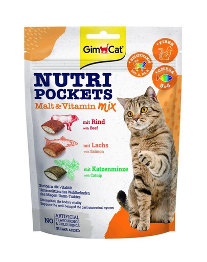 GIMCAT Nutri Pockets Malt&Vitamin mix 150 g salyklo ir vitaminų skanėstas katėms
