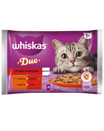 WHISKAS Adult paketėlis 13*4 x 85 g rinkiniai Klasikinis drėgnas kačių ėdalas su jautiena ir paukštiena, ėriena ir antiena