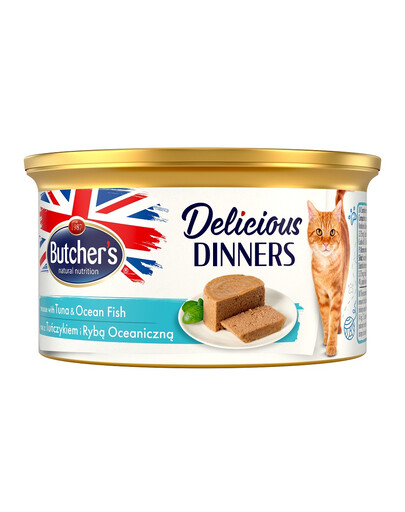 BUTCHER'S Classic Delicious Dinners konservai putėsiai su tunais ir jūrų žuvimi 85 g