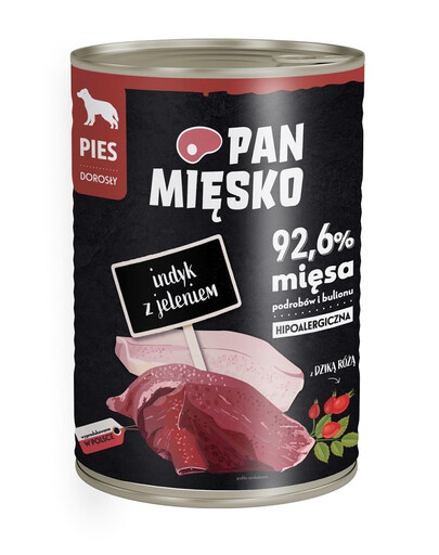 PAN MIĘSKO Hipoalerginis šlapias šunų ėdalas su kalakutiena ir elniena 400g