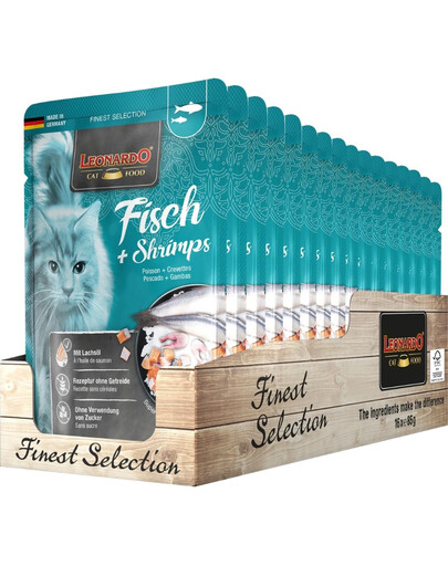 LEONARDO Finest Selection Žuvis ir krevetės katėms 16 x 85 g žuvų meniu