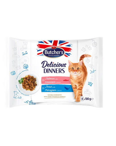 BUTCHER'S Delicious Dinners Želė gabalėliai suaugusioms katėms 16x100g su lašiša, su upėtakiu