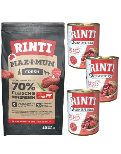 RINTI MAX-I-MUM Beef su jautiena 12 kg + "Kennerfleisch Beef beef" jautienos drėgnas maistas 3x400 g