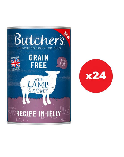 BUTCHER'S Original Recipe in Jelly, ėdalas šunims, gabaliukai su ėriena želė 24 x 400g