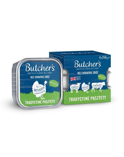 BUTCHER'S Original Tradicinis paštetas Mišrių skonių su daržovėmis 4x150 g paštetas su ėriena, kalakutiena ir jautiena šunims