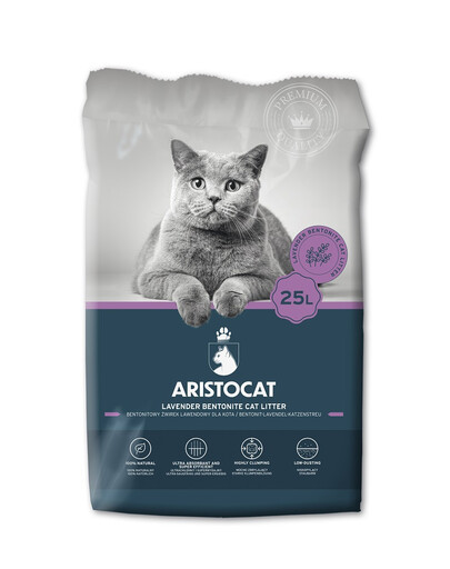 ARISTOCAT Bentonite Plus levandų bentonito kraikas 25 l + ALPHA SPIRIT Kačių skanėstas vištienos kubeliais 6x50 g