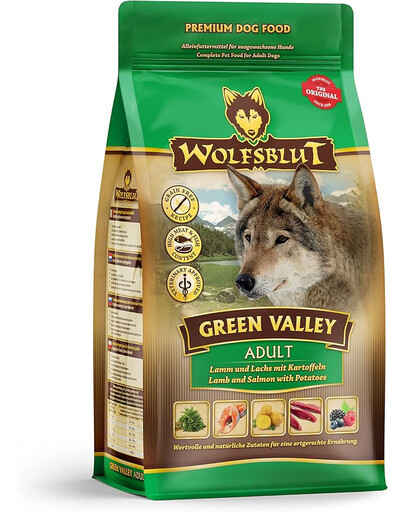 WOLFSBLUT Green Valley Adult sausas ėdalas šunims su ėriena, lašiša ir daržovėmis 12,5 kg