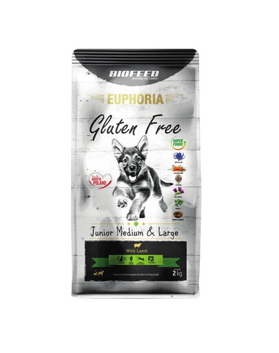 BIOFEED EUPHORIA Be glitimo su ėriena vidutinių ir didelių veislių šuniukams 12 kg
