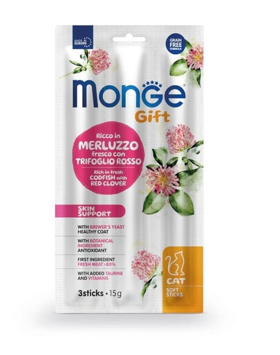 MONGE Cat Adult Skin support sticks Menkė su raudonaisiais dobilais 15 g