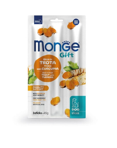MONGE Dog Sticks Adult Upėtakis su ciberžole 45g