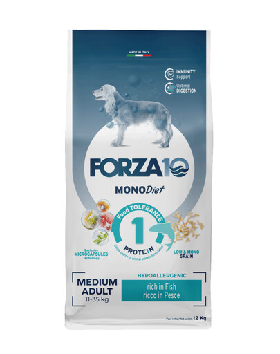 FORZA10 Medium Diet su žuvimi hipoalerginis sausas ėdalas suaugusiems vidutinių veislių šunims 12 kg