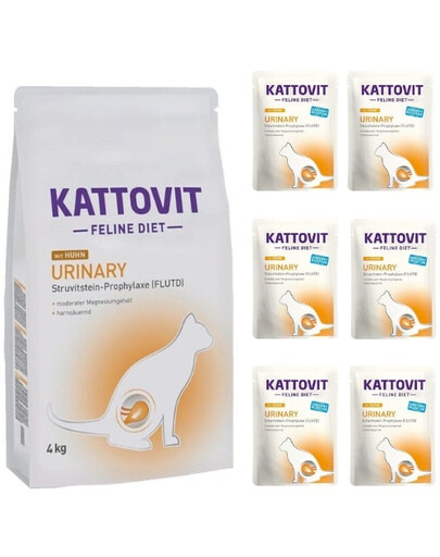 KATTOVIT Feline Diet Urinary Chicken vištienos sausas maistas 4 kg + drėgnas maistas 6x85 g