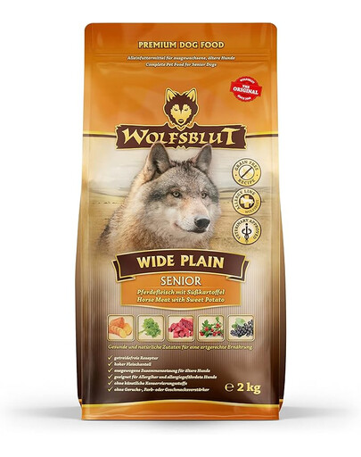 WOLFSBLUT Wide Plain Senior sausas ėdalas vyresniems alergiškiems šunims su arkliena ir saldžiosiomis bulvėmis 12,5 kg