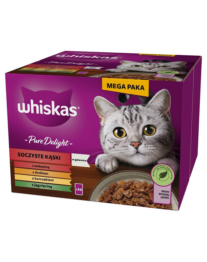 WHISKAS Adult Pure Delight Juicy Jellied Bites 24x85 g su jautiena, vištiena, ėriena, paukštiena suaugusioms katėms