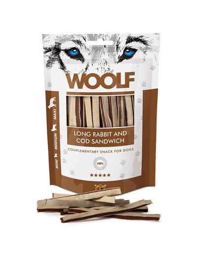 WOOLF Long Rabbit And Cod Sandwich 100g triušienos sumuštiniai su menkėmis