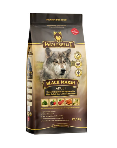 WOLFSBLUT Black Marsh Adult sausas šunų ėdalas su vandens buivolų mėsa ir saldžiosiomis bulvėmis 12,5 kg