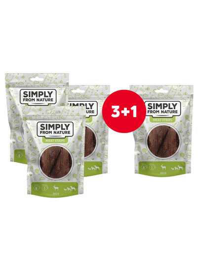 SIMPLY FROM NATURE Meat Strips Mėsinės elnienos juostelės šunims 4 x 80 g (3+1 NEMOKAMAI)