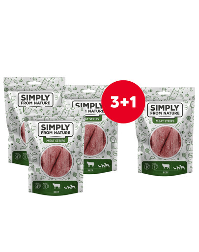 SIMPLY FROM NATURE Meat Strips Jautienos mėsos juostelės šunims 4 x 80 g (3+1 NEMOKAMAI)