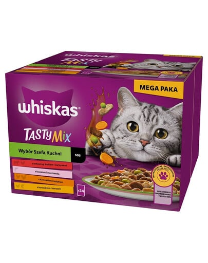 WHISKAS Adult Tasty Mix Chef's Choice su jautiena, lašiša, vištiena ir kalakutiena, vištiena ir menke suaugusioms katėms 24x85 g gabalėliai su jautiena, lašiša, vištiena ir kalakutiena, vištiena ir menke