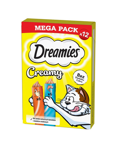 DREAMIES Creamy MEGA PACK papildomas pašaras su vištiena ir lašiša 12x10 g