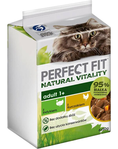 PERFECT FIT Natural Vitality Adult 1+ Poultry 6x50g paketėliai su kalakutiena ir vištiena padaže katėms