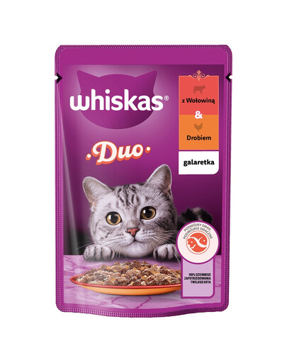 WHISKAS Adult 28x85 g drėgno kačių ėdalo želė su jautiena ir paukštiena