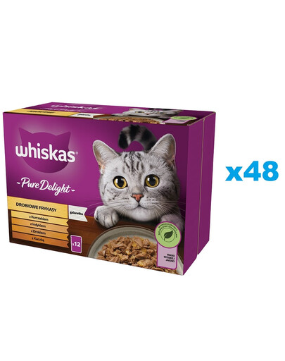 WHISKAS Adult 48x85g Paukštienos frikasė drėgnas kačių ėdalas su vištiena, kalakutiena, paukštiena, antiena