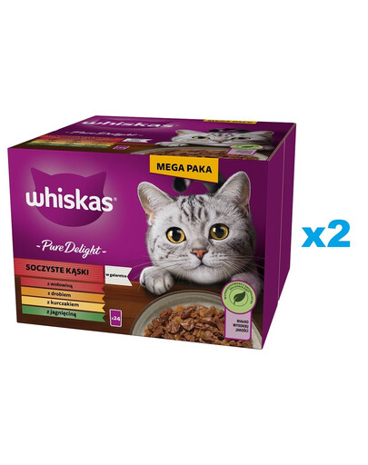 WHISKAS Adult Pure Delight Juicy Jell-O Morsels 48x85 g su jautiena, vištiena, ėriena, paukštiena suaugusioms katėms