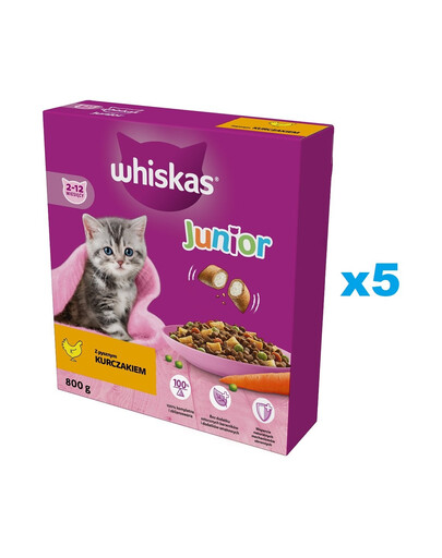 WHISKAS Junior 5x800 g sausas visavertis ėdalas kačiukams su gardžia vištiena