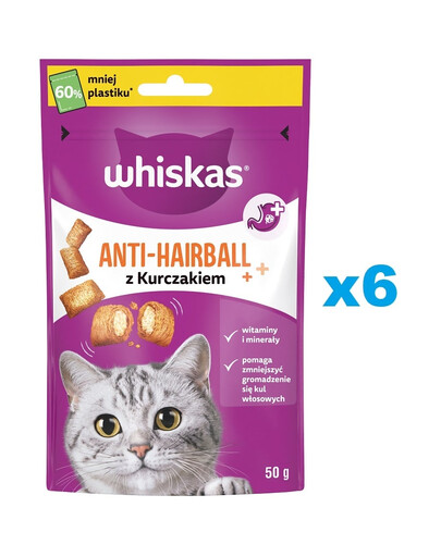 WHISKAS Anti-Hairball 6x50g iššukuojantys skanėstai suaugusioms katėms