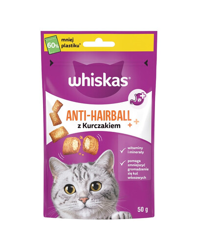 WHISKAS Anti-Hairball 50 g suaugusioms katėms skirti skanėstai nuo žiedų