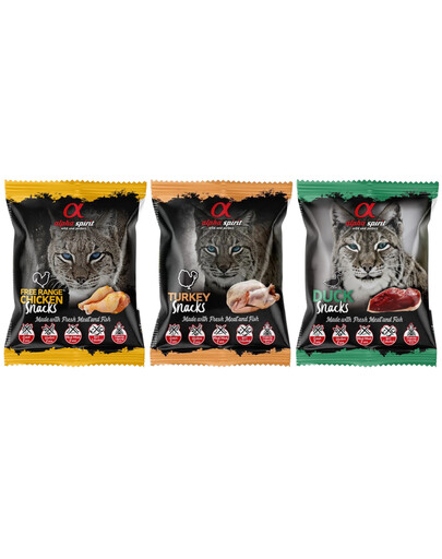 ALPHA SPIRIT Mix kačių skanėstai kubeliais vištiena, kalakutiena ir antis 30x50 g