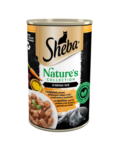 SHEBA skardinė 12x400 g Nature's Collection visavertis drėgnas ėdalas suaugusioms katėms su kalakutiena, paukščių širdelėmis ir žuvų aliejumi, pagardintas morkomis terine