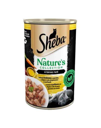 SHEBA  12 x 400 g Nature's Collection drėgnas visavertis pašaras suaugusioms katėms vištienos kokteilis su kepenėlėmis ir žuvų taukais su morkų garnyru terine