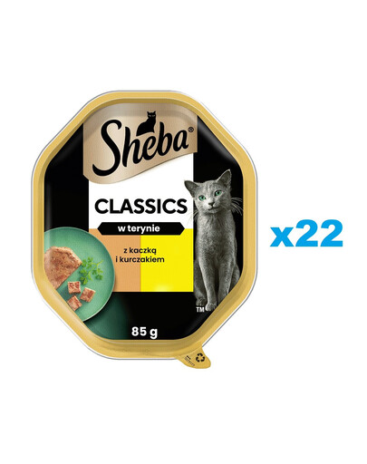 SHEBA Classics dėklas 22x85g drėgnas visavertis ėdalas suaugusioms katėms su antiena ir vištiena terine