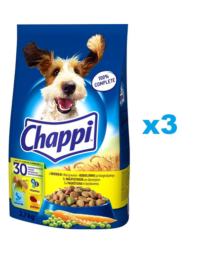 CHAPPI 3x2,7 kg sausas maistas šunims su paukštiena ir daržovėmis