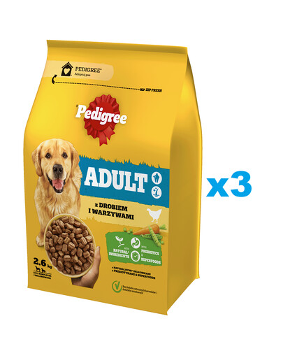 PEDIGREE Adult 3x2,6 kg su paukštiena ir daržovėmis sausas visavertis maistas dideliems ir vidutinio dydžio šunims