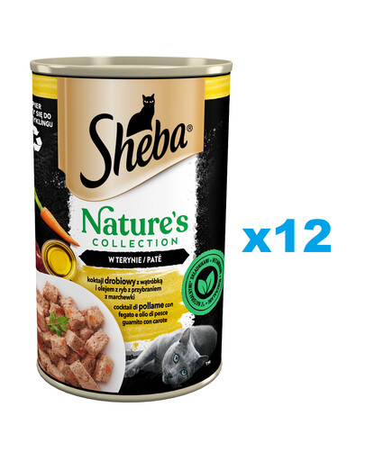 SHEBA 12x400 g Nature's Collection drėgnas visavertis ėdalas suaugusioms katėms paukštienos kokteilis su kepenėlėmis ir žuvų taukais, su morkų garnyru terinoje